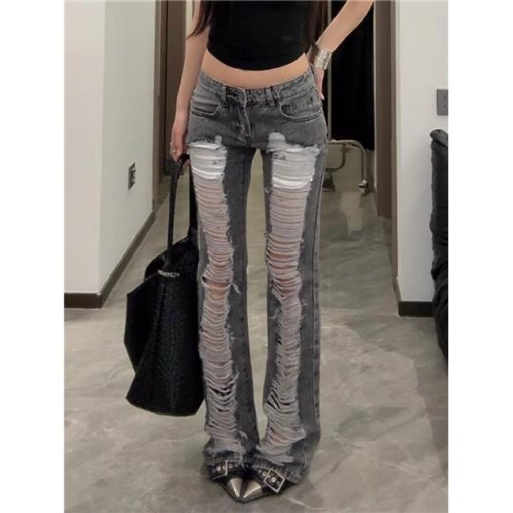 Women's Grey Ripped Skinny Jeans Harajuku Vintage Y2k Denim Trousers Japanese